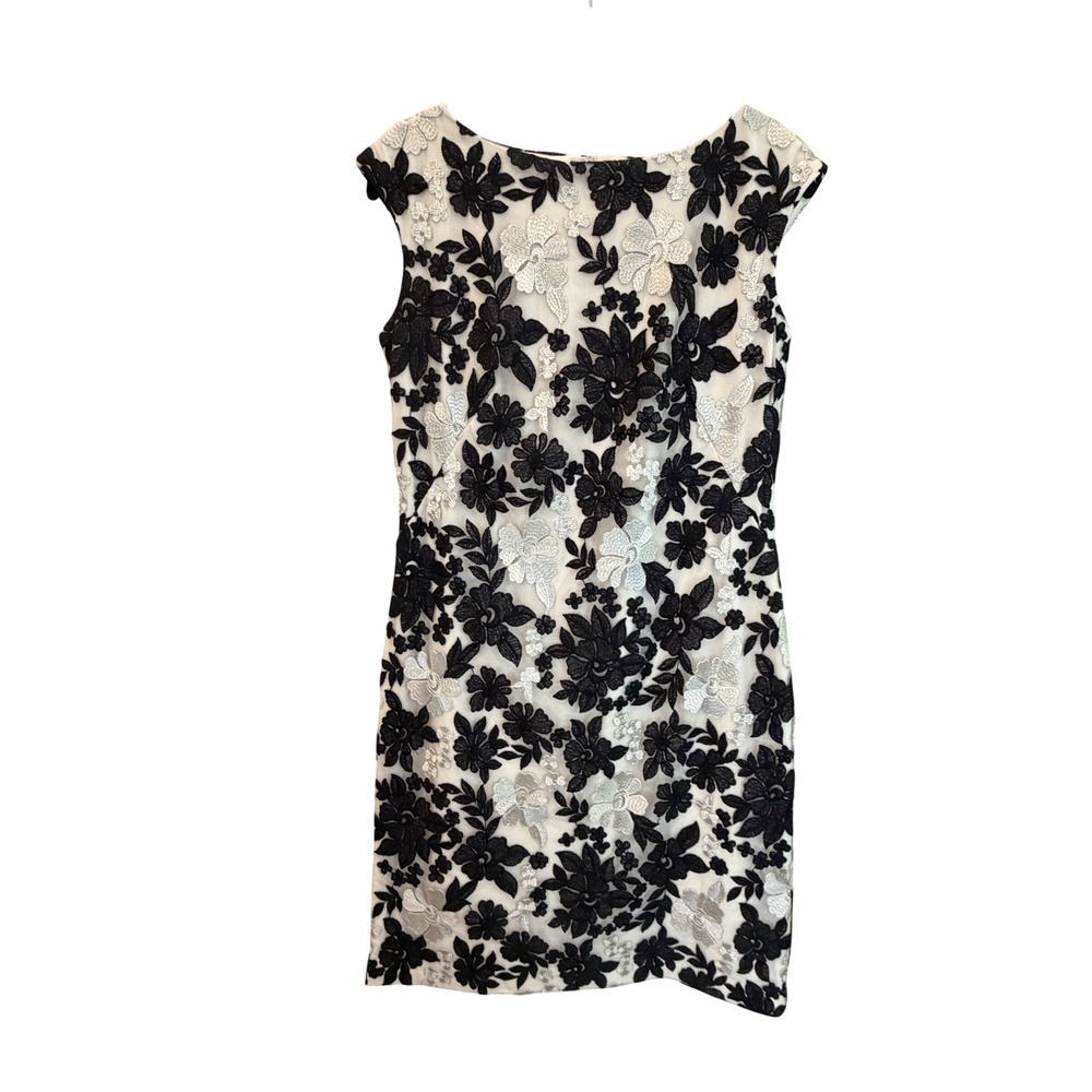 Lauren Ralph Lauren Floral Embroidered Mesh Sheath Dress Black Silver 4